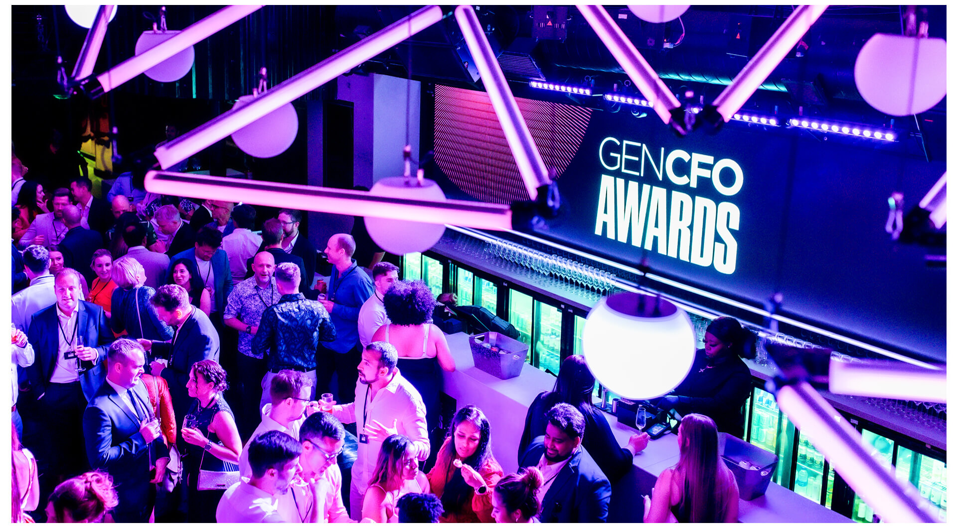 GENCFO Awards motion graphics Audience at awards event in bar with motion graphics display