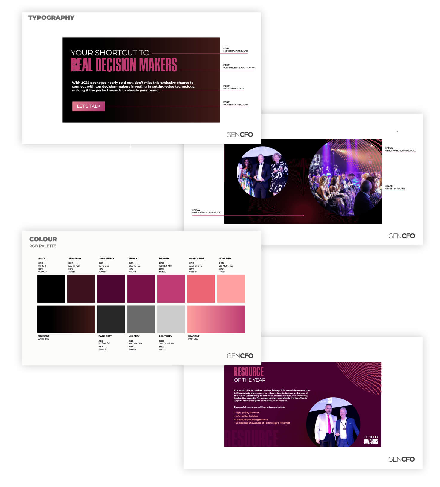 Guidelines_montage_F Event brand guidelines showing typography, palette and styling guide