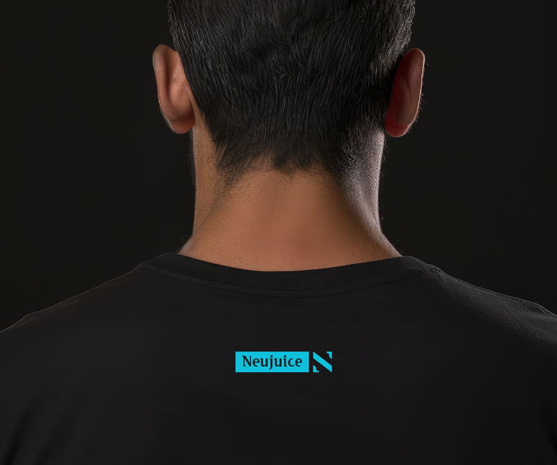 Reverse of t-shirt showing Neujuice Logo