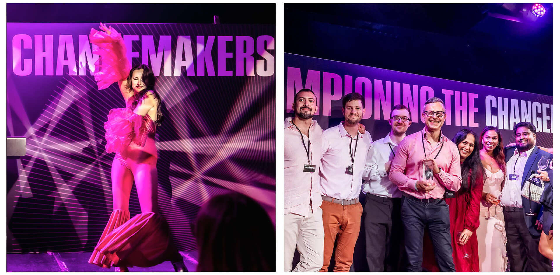 Winner celebrate at awards night Winners celebrate on stage at awards night in front of branded graphics